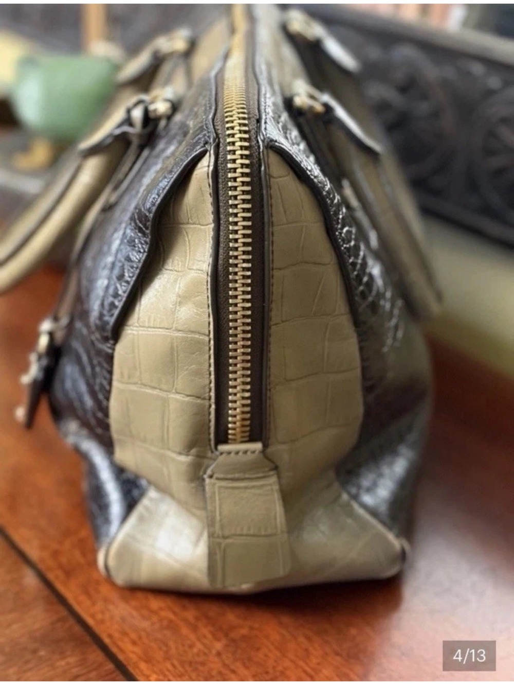 Henri Bendel Croc-Embossed Leather Satchel Olive/Black - Picture 4 of 15
